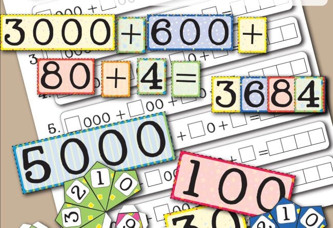 Colorful cards showing numbers laid out in expanded form (Fourth Grade Math Games)