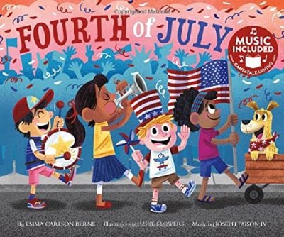 Book cover of Fourth of July as an example of 4th of July books with illustration of children marching in a parade with a dog