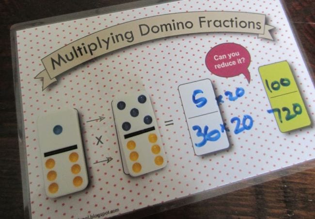 Multiplying Domino Fractions worksheet with dominos laid on top (Fraction Games)