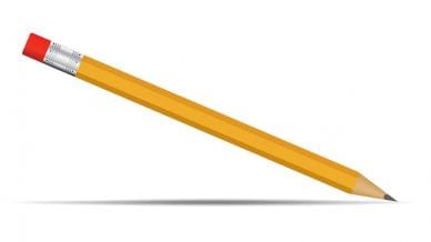 Yellow pencil with red eraser tip realistic On a white background look simple