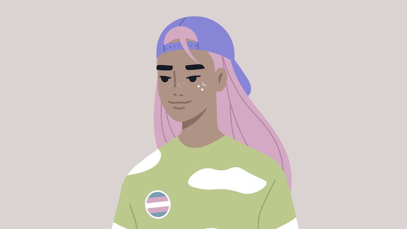 Illustration of student wearing a trans flag pin