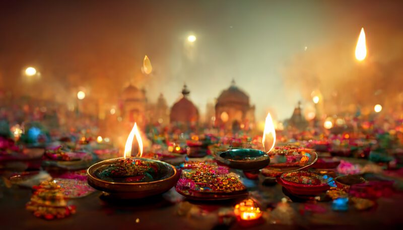 Diwali festival of lights tradition Diya oil lamps against dark background, as an example of holidays around the world