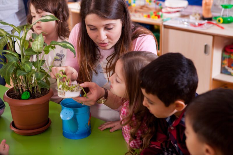 Teacher and students observing odor absorbing plant