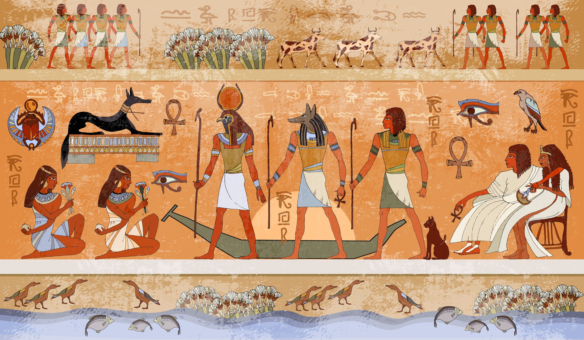 Ancient Egypt hieroglyphic scene of Egyptian mythology
