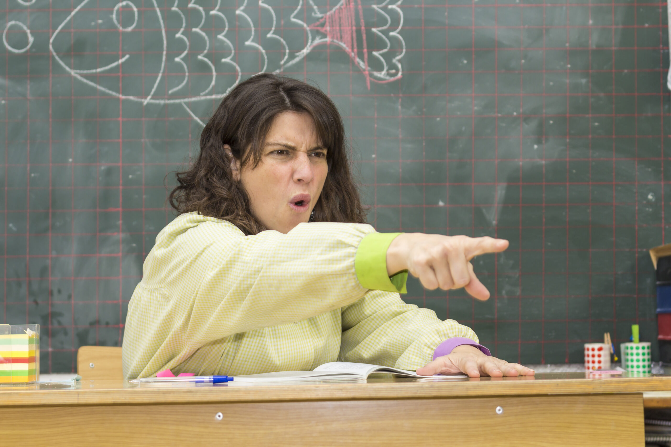 Angry teacher pointing out on backboard background -- teacher secrets