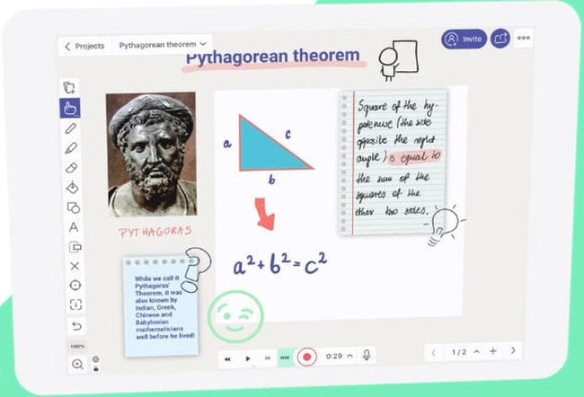 Screen shot of Explain Everything whiteboard app showing information on the Pythagorean theorem