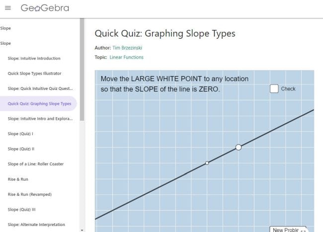 GeoGebra screen shot showing a Quick Quiz on Graphing Slope Types