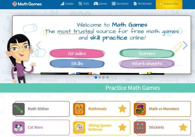 Screen Shot of MathGames homepage showing practice math games for kids (Best Google Classroom Apps)