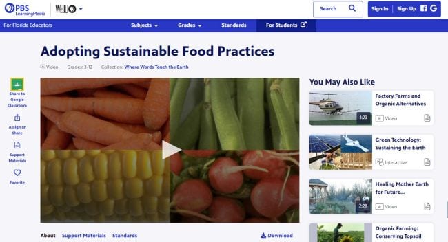 PBS Learning Media screen shot of video on Adopting Sustainable Food Practices