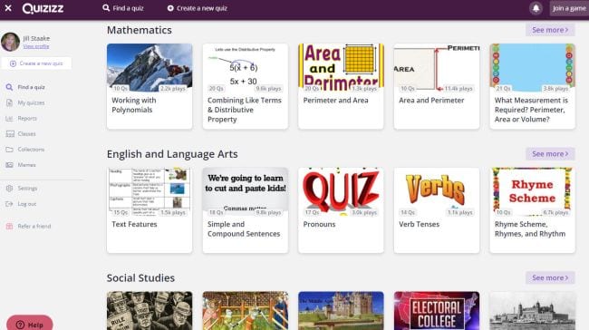 Screen shot of Quizizz showing various available quizzes (Best Google Classroom Apps)