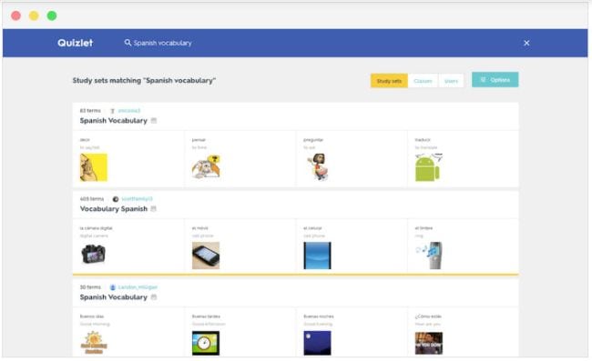 Quizlet screen shot showing Spanish vocabulary flashcards