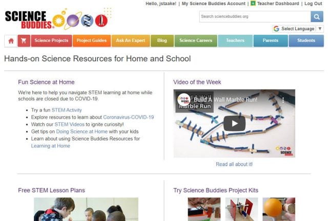 Science Buddies home page screen shot (Best Google Classroom Apps)