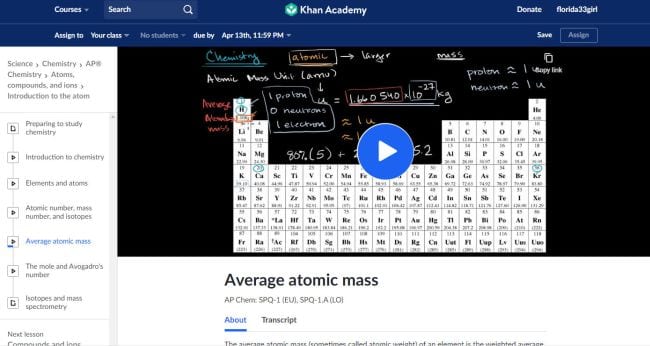 Khan Academy screen shot showing video on Average Atomic Mass (Best Google Classroom Apps)