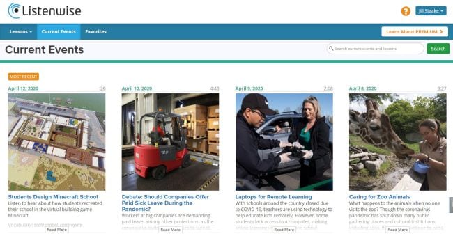 Listenwise screen shot current events home page