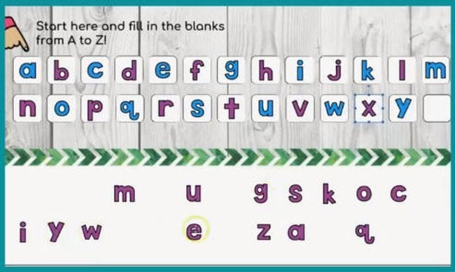 Alphabet order game where users drag the letters of the alphabet into the correct order