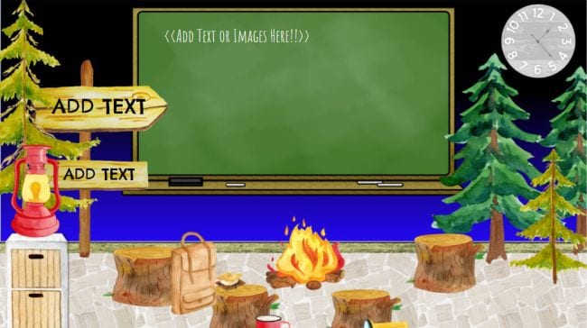 Camping themed Google slide with campfire, pine trees, and customizable chalkboard