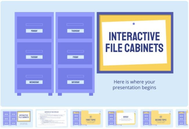 Interactive File Cabinets slides template with illustrations of blue file cabinets