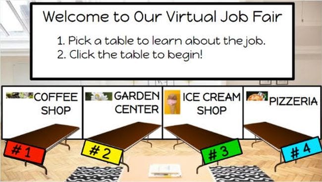 Virtual job fair Google slides theme. "Welcome to Our Virtual Job Fair.  1. Pick a table to learn about the job.  2. Click the table to begin!" Tables are labeled coffee shop, garden center, ice cream shop, and pizzeria.
