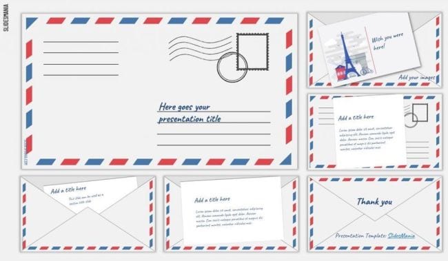 Google Slides template themed to look like airmail letters