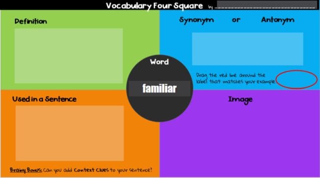 Vocabulary Four Square template with spaces for definition, synonym or antonym, image, and used in a sentence
