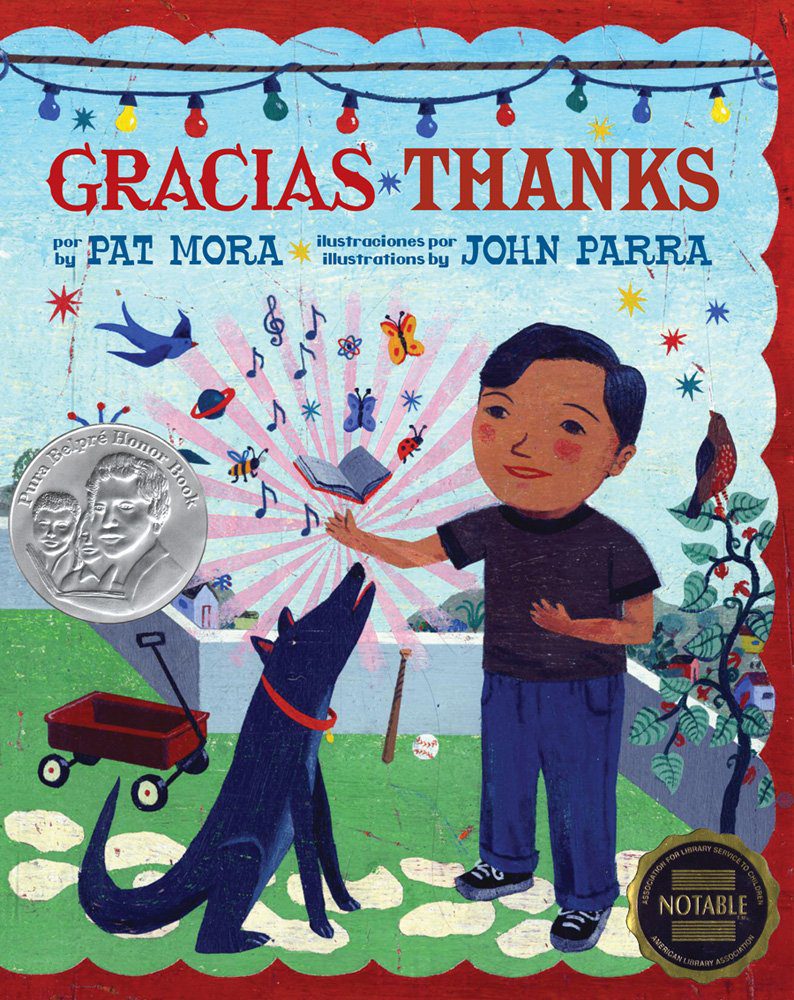 İspanyol çocuk ve köpeğini gösteren Pat Mora'nın Gracias/Teşekkürler kitabının kapağı.