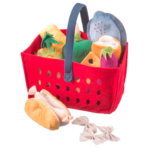 Felt grocery basket filled with felt food items for children