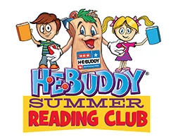 H-E-Buddy Summer Reading Club logo with illustration of cihldren reading books