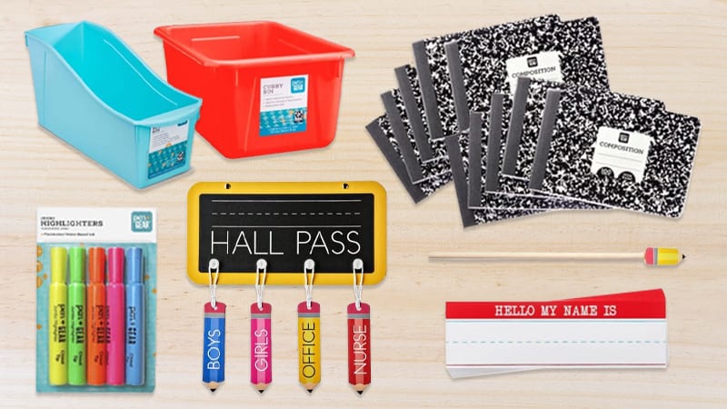 Favorite Classroom Buys for Under $5 at Walmart including composition notebooks, highlighters, and name tags.