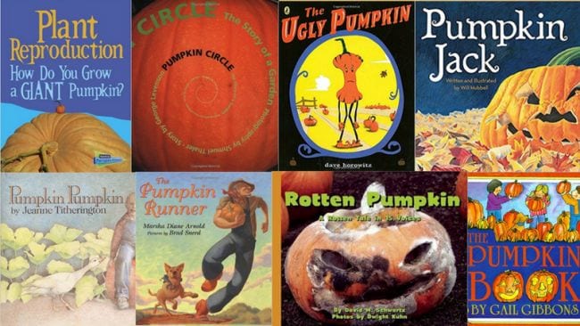 Collage of pumpkin and Halloween themed children's books 