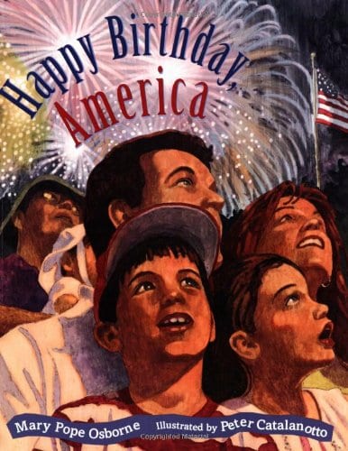 Book cover of Happy Birthday, America with illustration of family watching fireworks