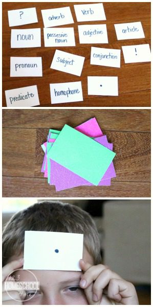Three panels: word cards laid out on a table, a stack of blank colored paper cards and a boy holding a card with a period on it against his forehead. 