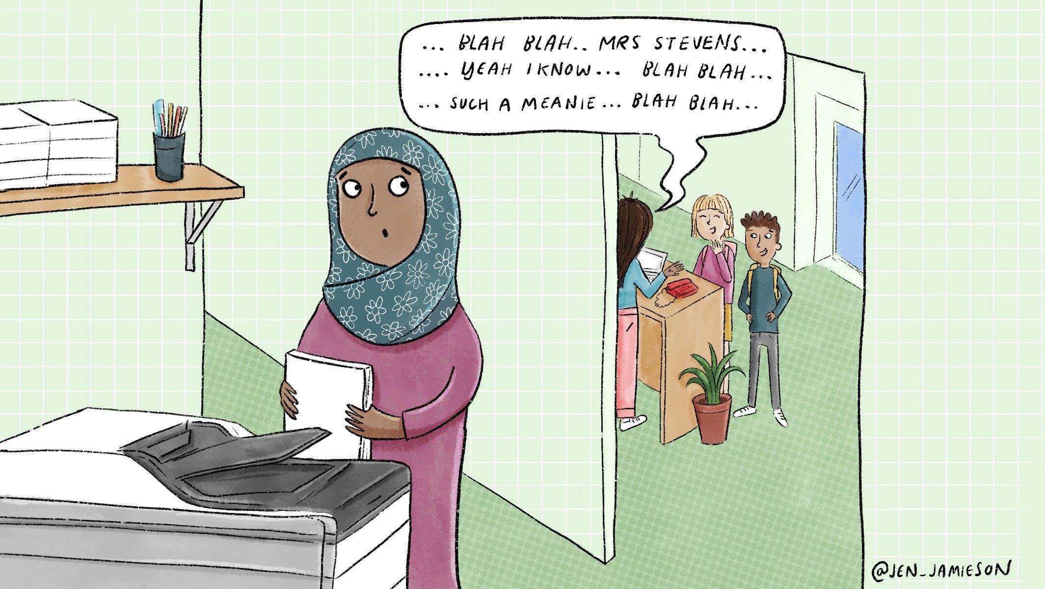 Illustration of teacher overhearing school receptionist gossiping