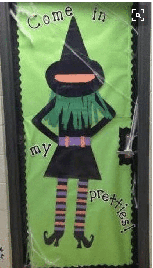 A classroom door decorated like a witch for Halloween