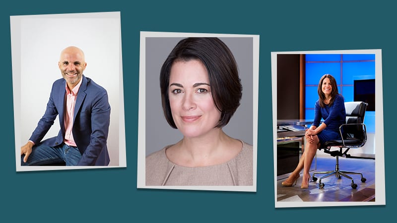 Three headshots of the presenters of the Horace Mann Virtual Speaker Series: Adam Welcome, Nicole Malachowski, and Jean Chatzky