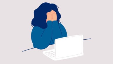 Illustration of a frustrated teacher looking at her computer.