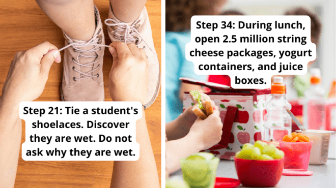 Paired image of teacher tying shoes and opening lunch containers