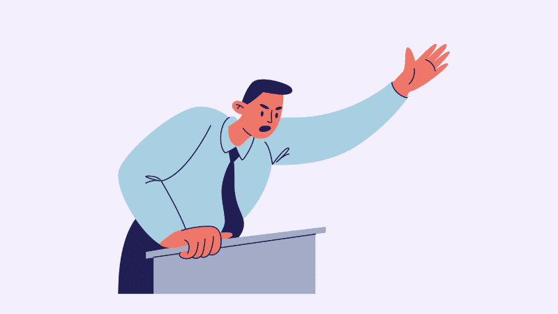 Illustration of an angry yelling parent at a podium challenging a book during book bans