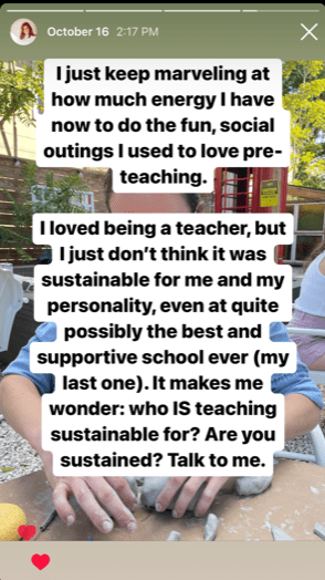 Screenshot of Instagram post with question about whether teaching is a sustainable career