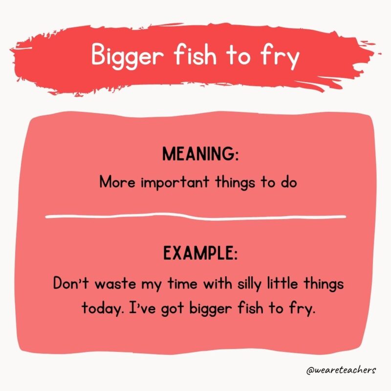 Bigger fish to fry Meaning: More important things to do Example: Don’t waste my time with silly little things today. I’ve got bigger fish to fry.