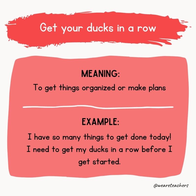 Get your ducks in a row Meaning: To get things organized or make plans Example: I have so many things to get done today! I need to get my ducks in a row before I get started.