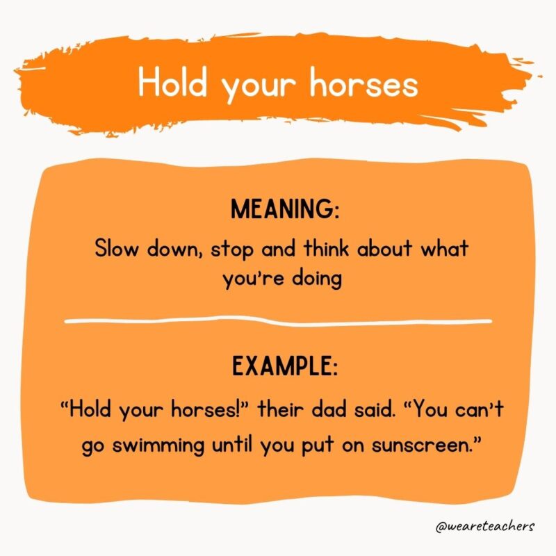 Hold your horses Meaning: Slow down, stop and think about what you’re doing Example: “Hold your horses!” their dad said. “You can’t go swimming until you put on sunscreen.”