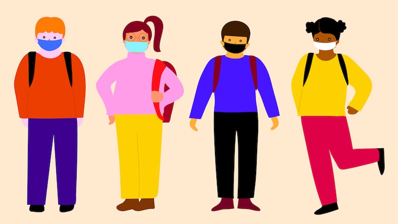 A cartoon sketch of four students wearing their backpacks and masks.