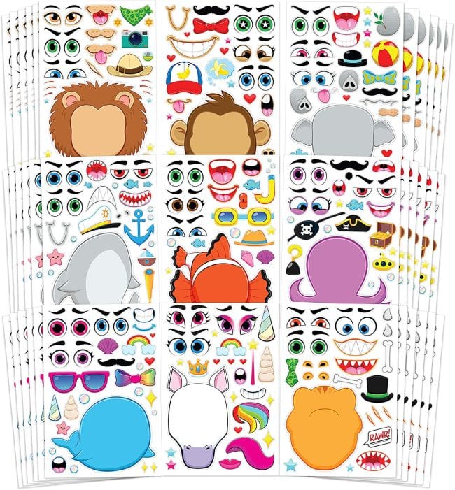 Sticker sheets with blank faces and funny eyes, nose, mouth, and accessories