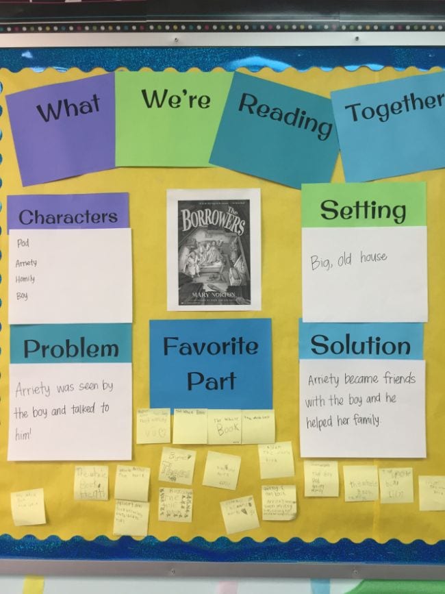 What We're Reading Together bulletin board showing a book and its characters, problem, setting, solution, and favorite part
