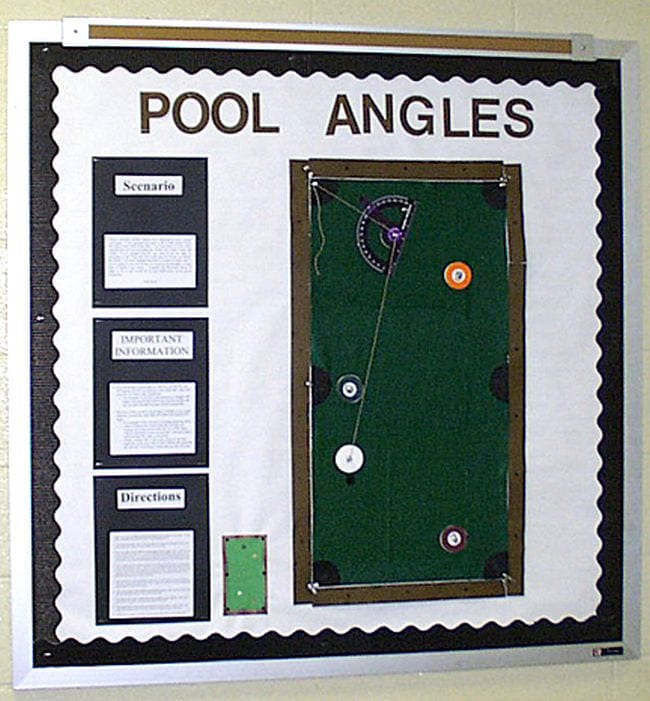 Interactive pool angles bulletin board where students can use a protractor to measure angle on a paper pool board