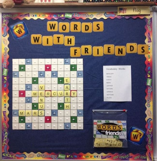 Words With Friends bulletin board with letters attached to the board with velcro dots