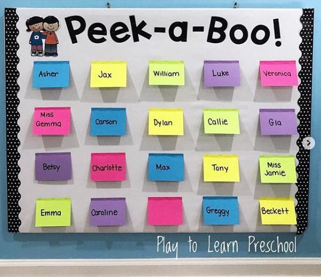 Peek-A-Boo bulletin board with names of students on cards that can be flipped up to reveal student photos underneath (Back-to-School Bulletin Boards)