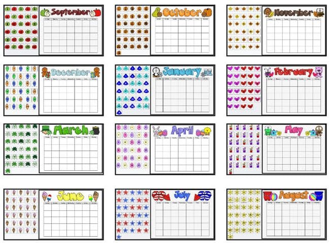 Monthly calendars with themes like hearts for February and pumpkins for October (Interactive Online Calendars)