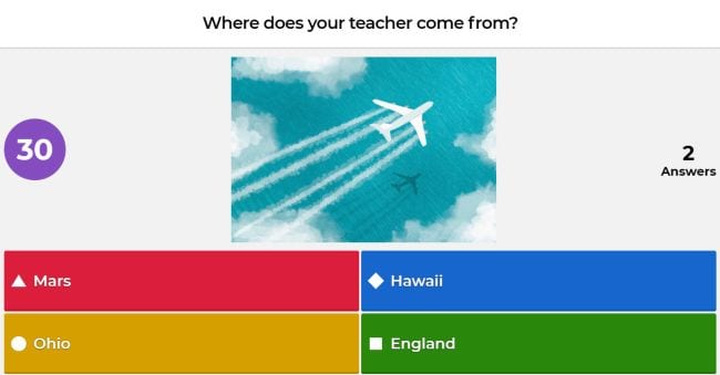 Kahoot! quiz question reading "Where does your teacher come from?"