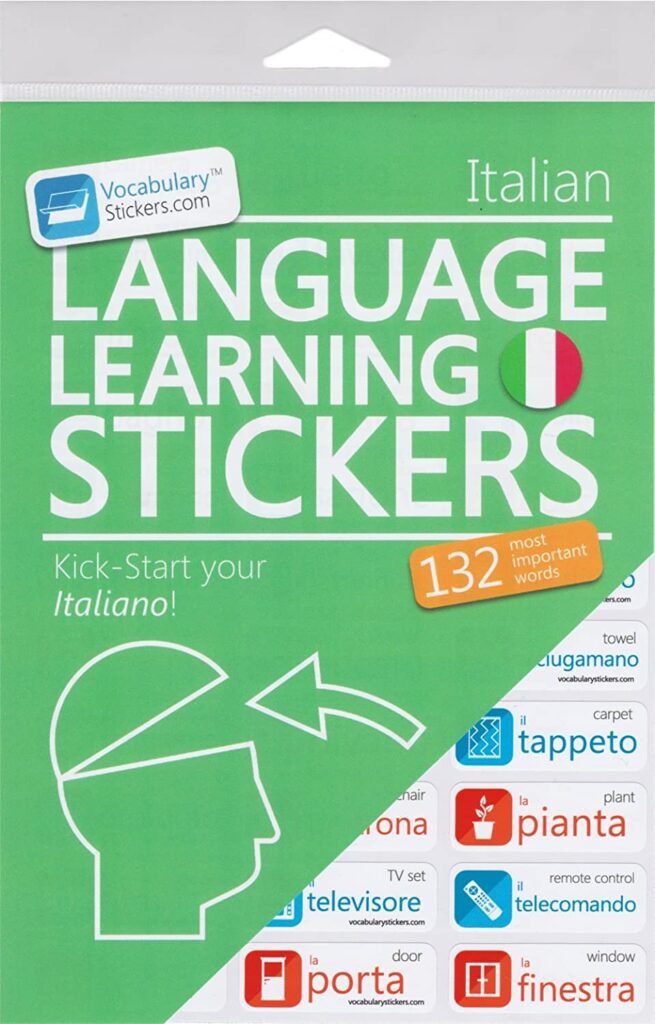 A green background has white letters that say Language Learning Stickers.  It features stickers that have Italian words on them.